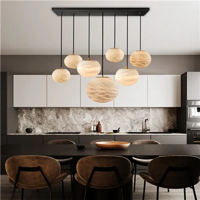 Lamp Pendant Marmor Crwn Fodern Gyda Nenfwd Sylfaen Ddu Ar gyfer Ynys y Gegin