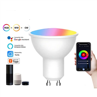 Bylbiau LED Synhwyrydd Clyfar RGB CW: 5-9W, GU10/MR16, Pylu Llais/WiFi/Bluetooth